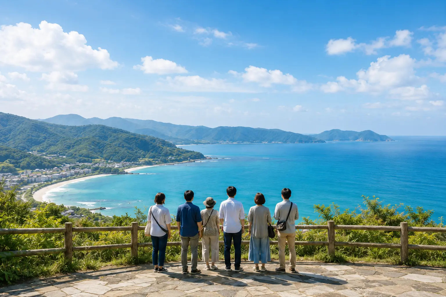 展望台から海を眺める同級生たちのイメージ